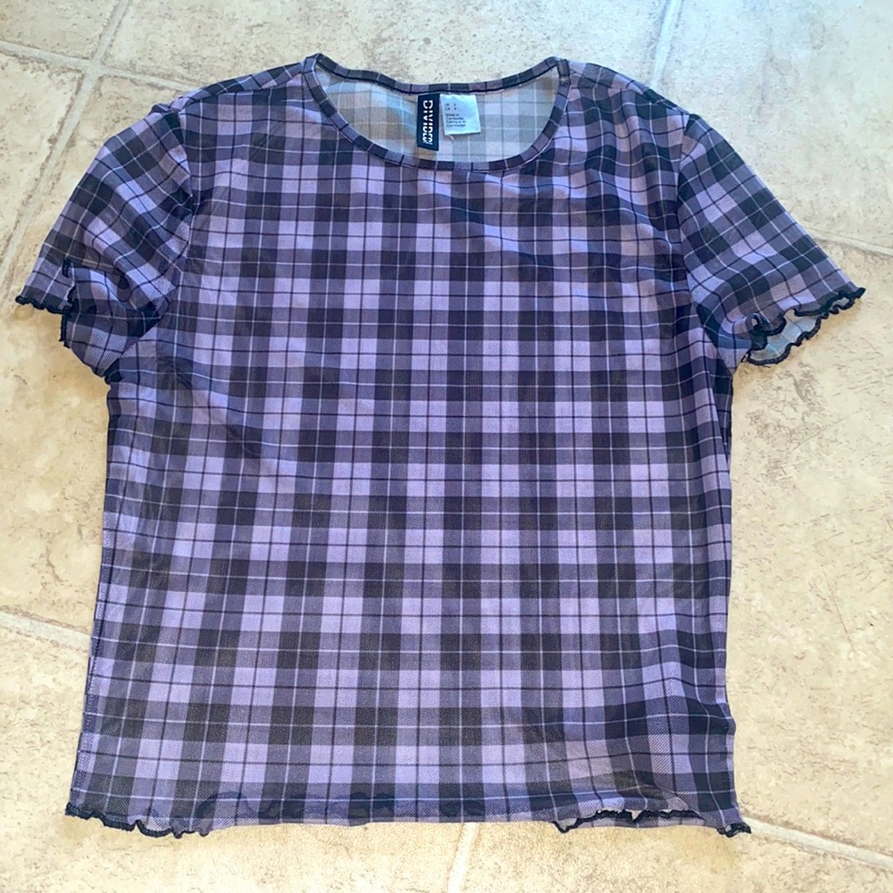 H&M mesh black and purple plaid top